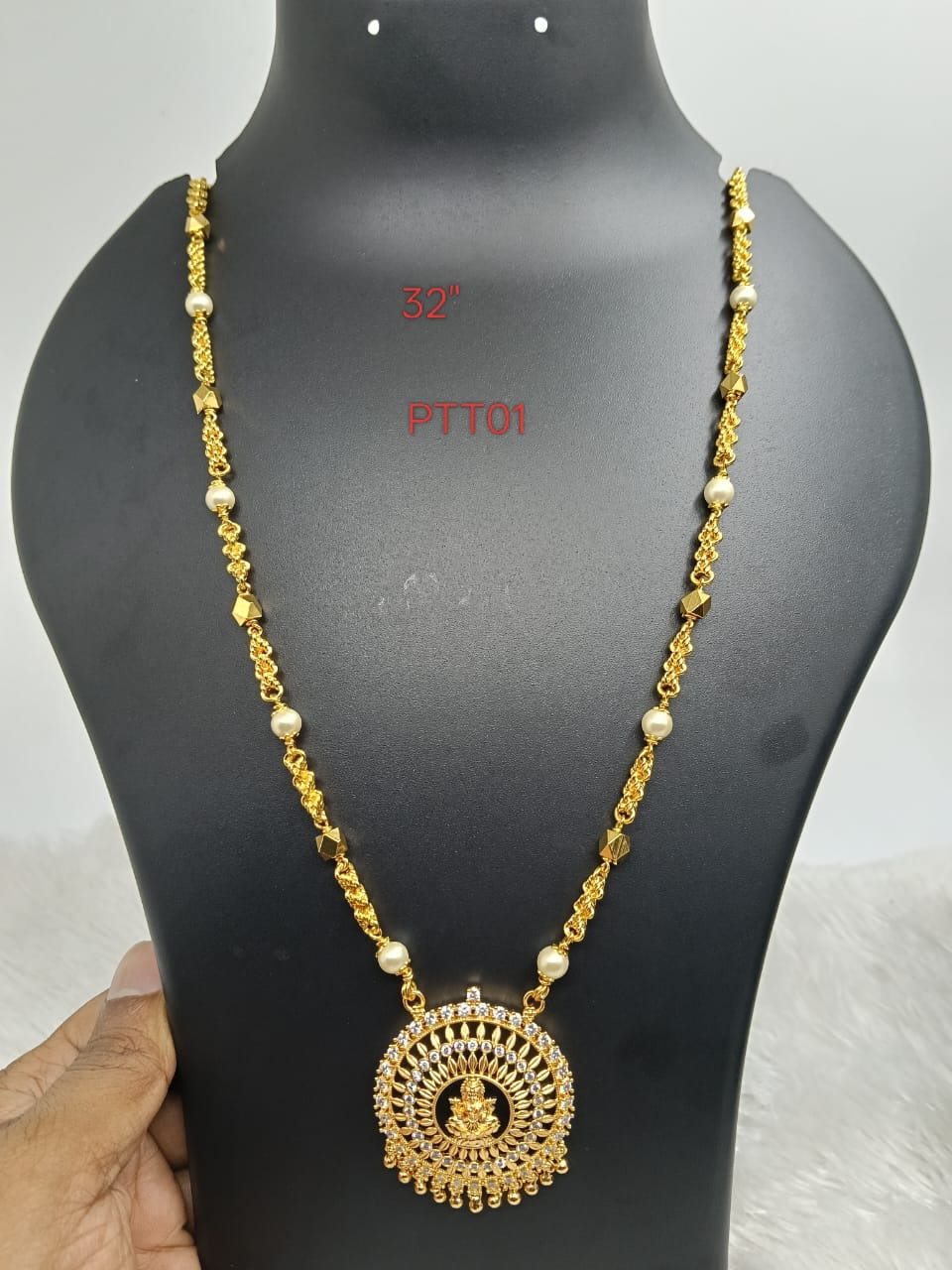 Premium quality one gram gold 32” Musti Pearl chain with laxmi pendent