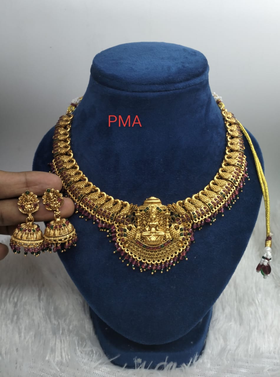 Premium quality mat finish Antique laxmi necklace with Jumka Ear rings