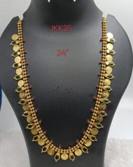 Premium quality one gram gold 24 inch Lakshmi Nagapadam green stone necklace