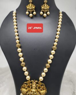 Premium quality One gram gold 28 inch Swarokshi pearl chain with big laxmi pendent and ear rings