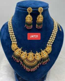 Premium quality One gram gold 18” Spatha Laxmi Pearl necklace with matching ear rings