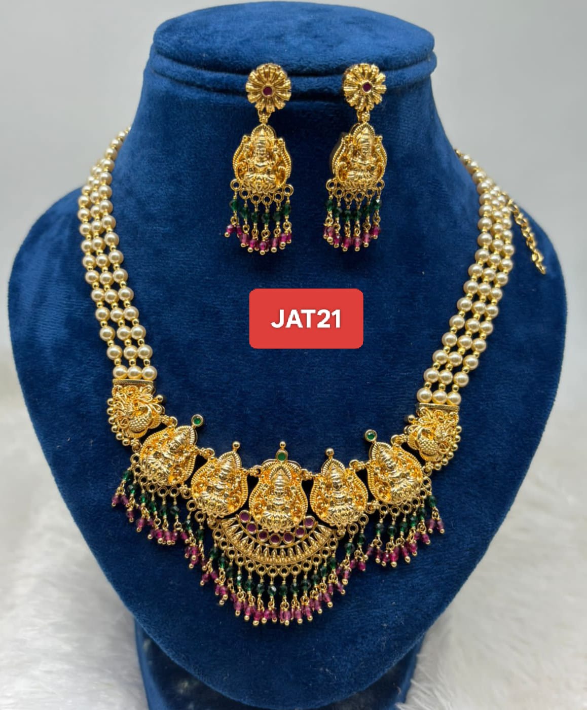 Premium quality One gram gold 18” Spatha Laxmi Pearl necklace with matching ear rings