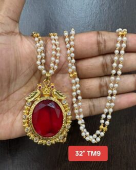 Premium quality One gram gold 2 lines 32 inch Pearl chain with big stone pendent