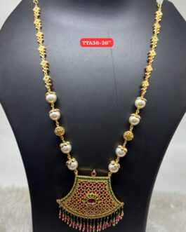 Premium quality one gram gold 26 inch pearl chain with big stone pendent