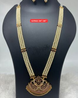 Premium quality One gram gold 30 inch 3 lines long pearl chain with big laxmi stone pendent