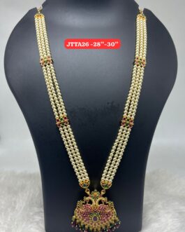 Premium quality One gram gold 30 inch 3 lines long pearl chainwith big laxmi stone pendent