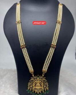 Premium quality One gram gold 30 inch 3 lines long pearl chainwith big laxmi stone pendent