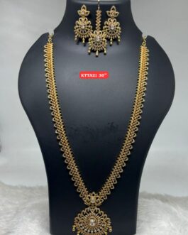 Premium quality One gram gold 30 inch long American diamond necklace with matching ear rings and nethi bottu