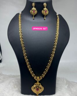 Premium quality One gram gold 32 inch long necklace with ear rings