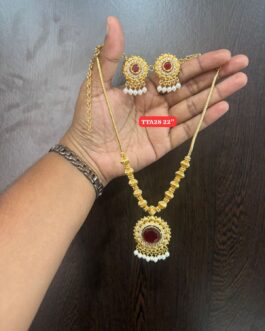 Premium quality One gram gold 18 inch Maroon stone necklace with matching ear rings