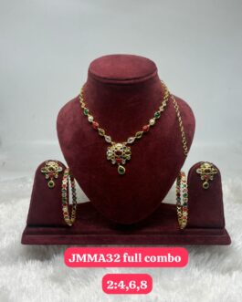 Premium quality One gram gold navaratna neacklace with ear rings(Push back) and bangles
