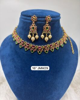 Premium quality One gram gold Ruby and green stone necklace with ear rings