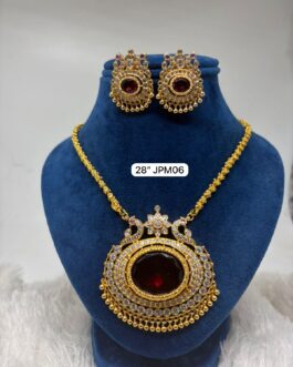 Premium quality one gram gold  24 inch chain(Total length 28) with big stone pendent and ear rings
