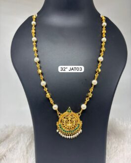 Premium quality one gram gold 32 inch Pearl chain with Green pendent