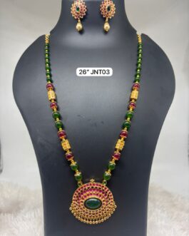 Premium quality one gram gold 26 inch long beads necklace with stud ear rings