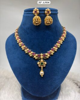 Premium quality one gram gold Ruby stone and pearl design necklace with Jumka