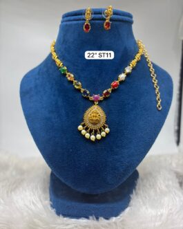Premium quality one gram gold navaratna necklace with ear rings