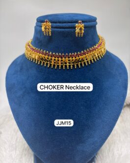 Premium quality one gram gold traditional chocker necklace with ruby stone work and matching ear rings