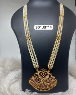 Premium quality One gram gold 30 inch 3 lines pearl chain with stone pendent